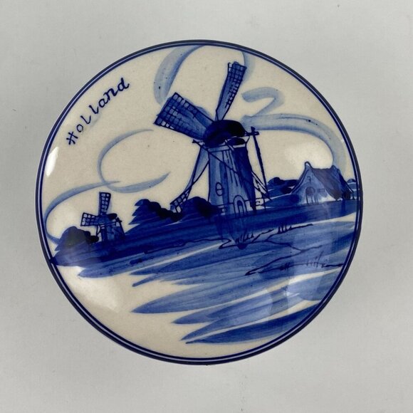 Vintage Delft Blue Holland Windmill Trinket Box Hand Painted Round Ceramic - Picture 2 of 10